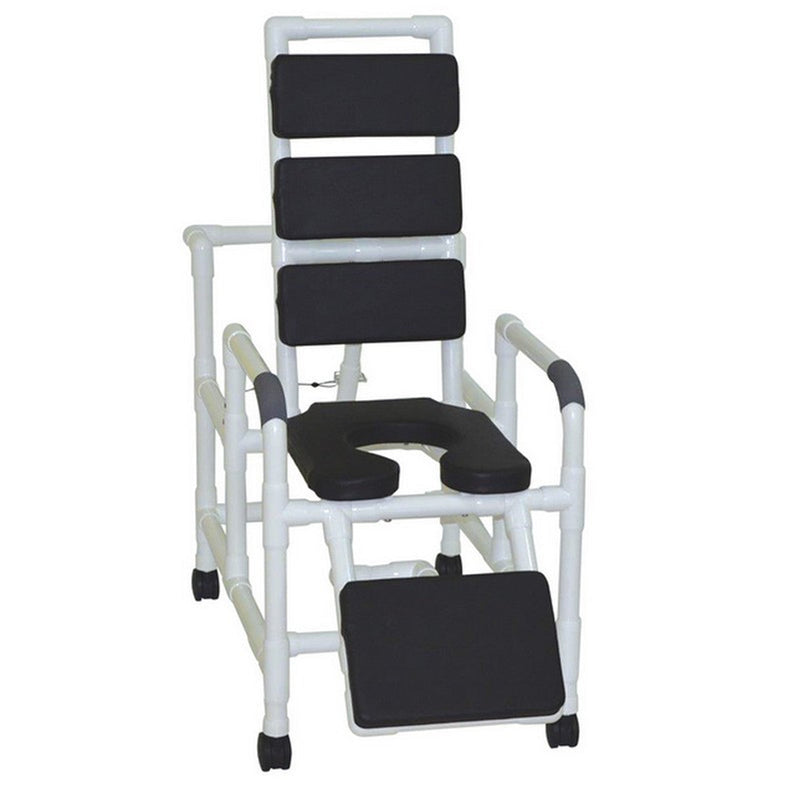 Medical shower chair with black seats and footrest on a white background