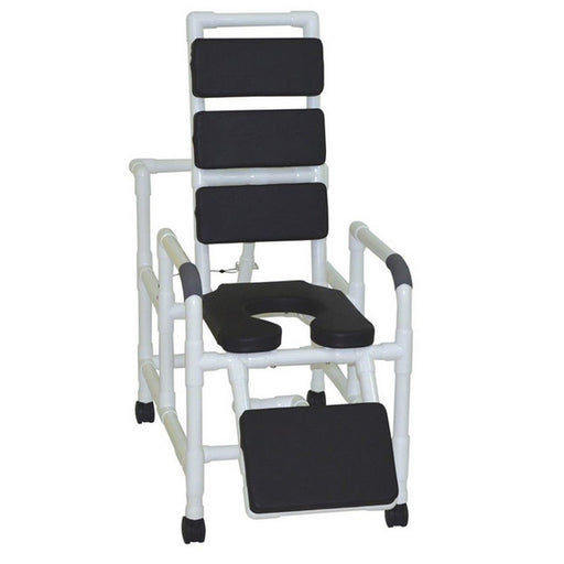 Medical shower chair with black seats and footrest on a white background