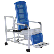 Blue and white shower chair with reclining feature on a white background