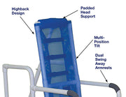 Blue lounge chair with labeled features on a white background