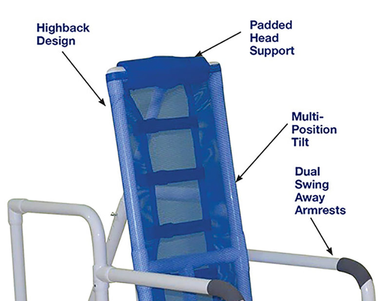 Blue lounge chair with labeled features on a white background