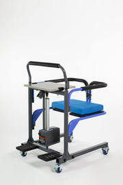 Medical lift chair with blue seat and adjustable height on a white background