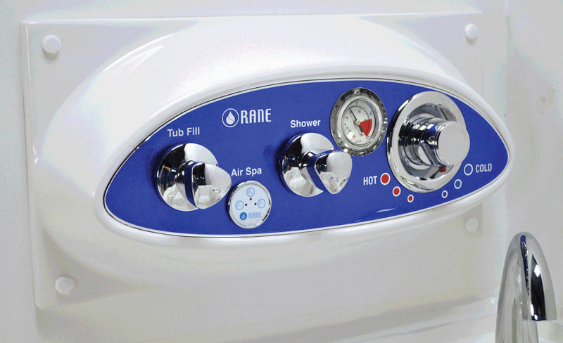 Control panel of a Rane hot tub with various knobs and indicators.