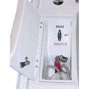 White dental cleaning device with 'Rinse', 'Off', and 'Disinfect' labels on a white background