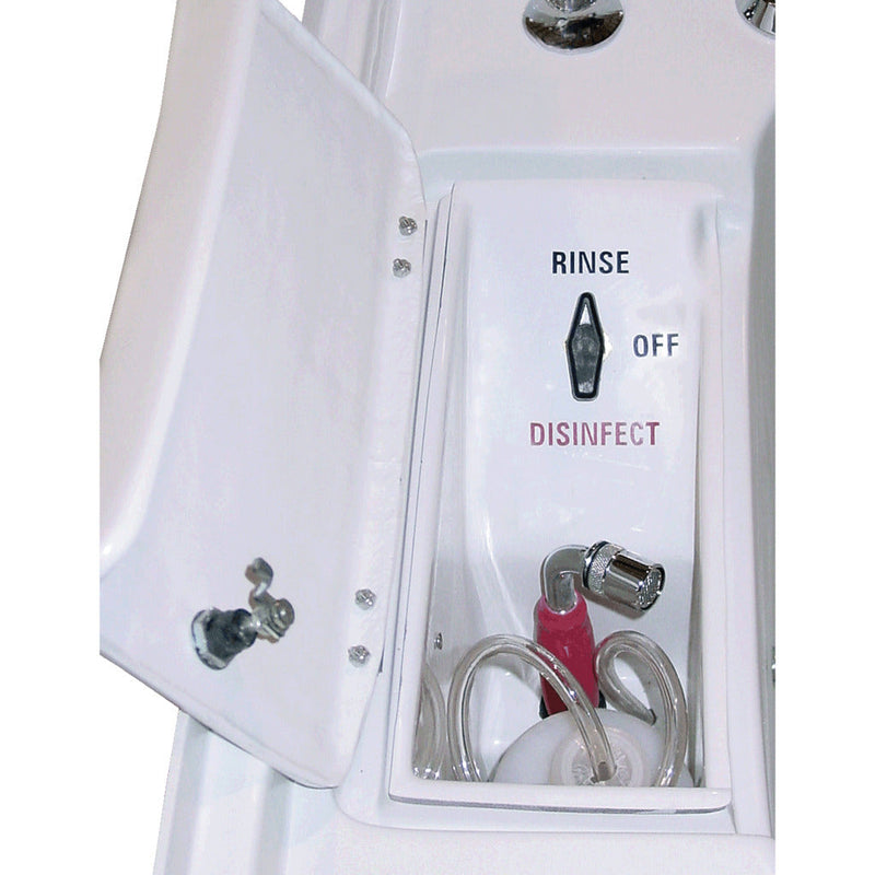 White dental cleaning device with 'Rinse', 'Off', and 'Disinfect' labels on a white background