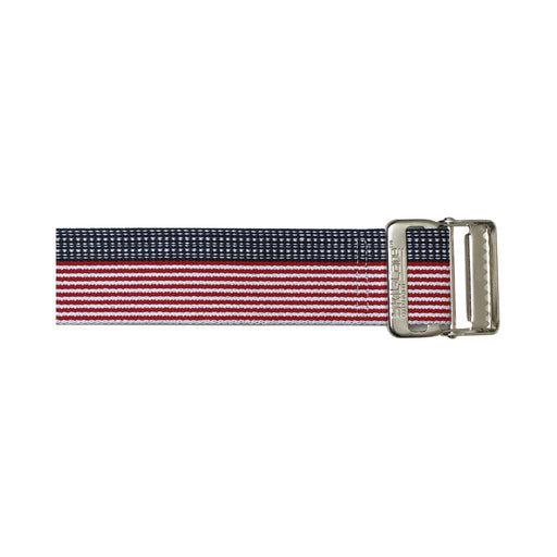 Woven belt with red, white, and blue stripes and a silver buckle on a white background