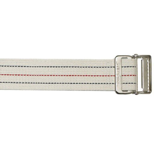 White gait belt with a metal buckle on a white background