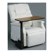 White recliner chair with a wooden tray table on a gray background