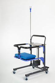 Medical examination table with wheels and adjustable height on a white background