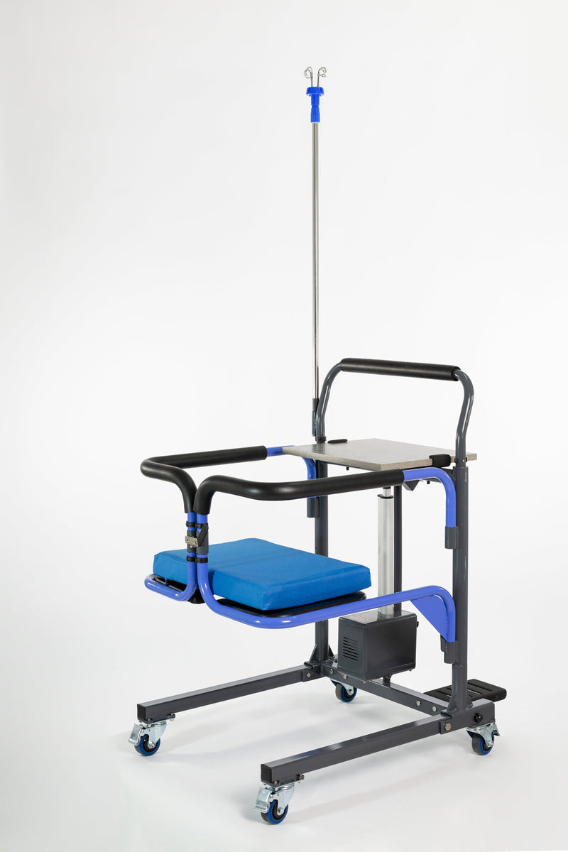 Medical examination table with wheels and adjustable height on a white background