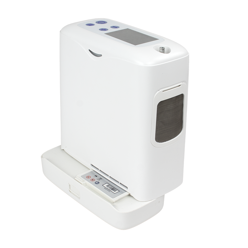 A white oxygen concentrator with a digital display screen and control buttons on top, sitting on a matching white base with a small control panel on the front.