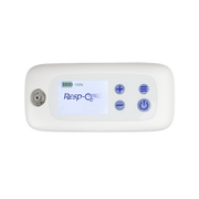 A Resp-C2 portable oxygen saturation monitor with a white plastic casing, featuring a central color display screen and four blue control buttons on a solid white background.