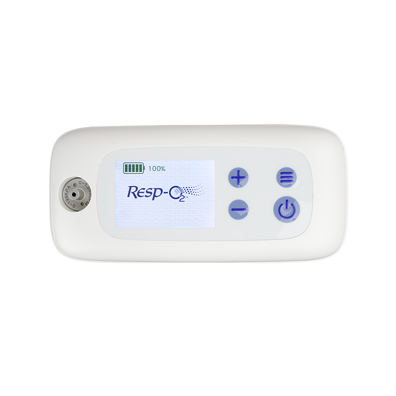 A Resp-C2 portable oxygen saturation monitor with a white plastic casing, featuring a central color display screen and four blue control buttons on a solid white background.