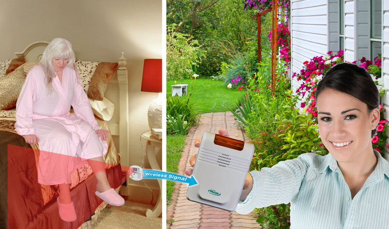 Three images: a woman in a pink robe, a garden scene with a house, and a woman holding a device.