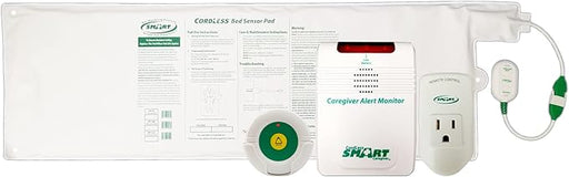 Caregiver alert monitor with packaging on a white background