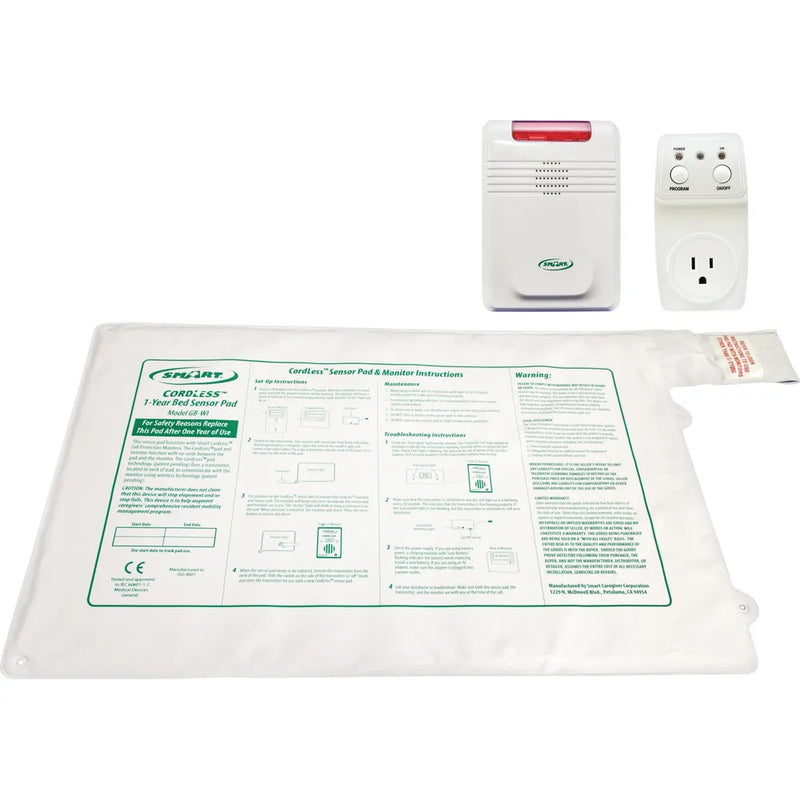 Set of home security devices including a sensor pad, receiver, and transmitter on a white background.