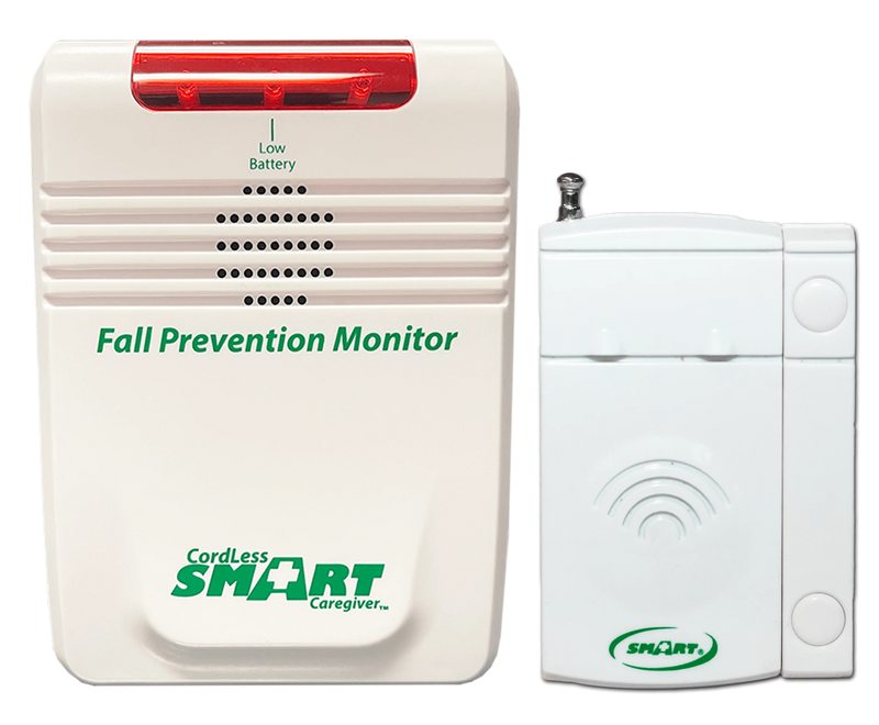 Fall prevention monitor with a remote control on a white background