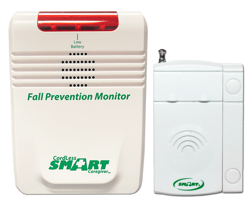 Fall prevention monitor with a remote control on a white background
