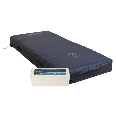 Black inflatable mattress with a pump on a white background