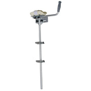 Metallic shower head with adjustable arm on a white background