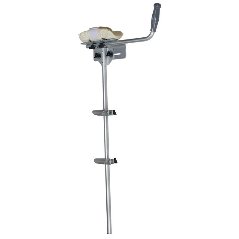 Metallic shower head with adjustable arm on a white background