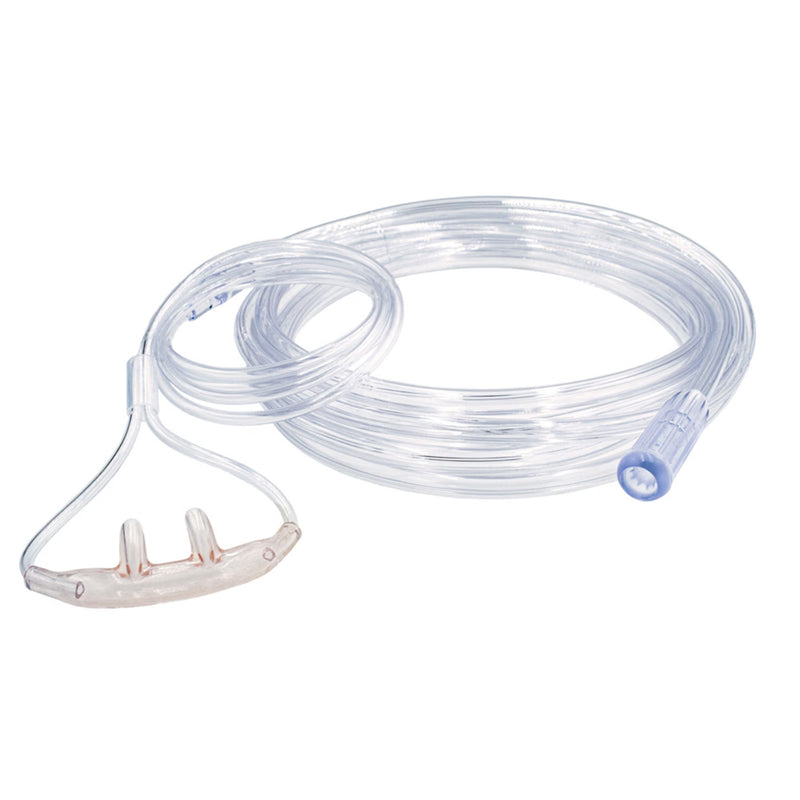 Clear plastic oxygen mask with tubing on a white background