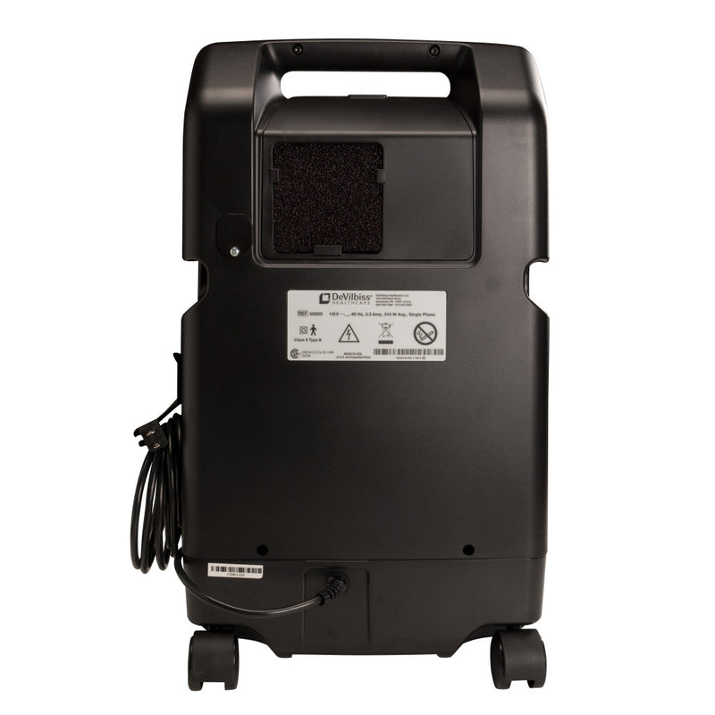 Black portable air purifier with wheels on a white background