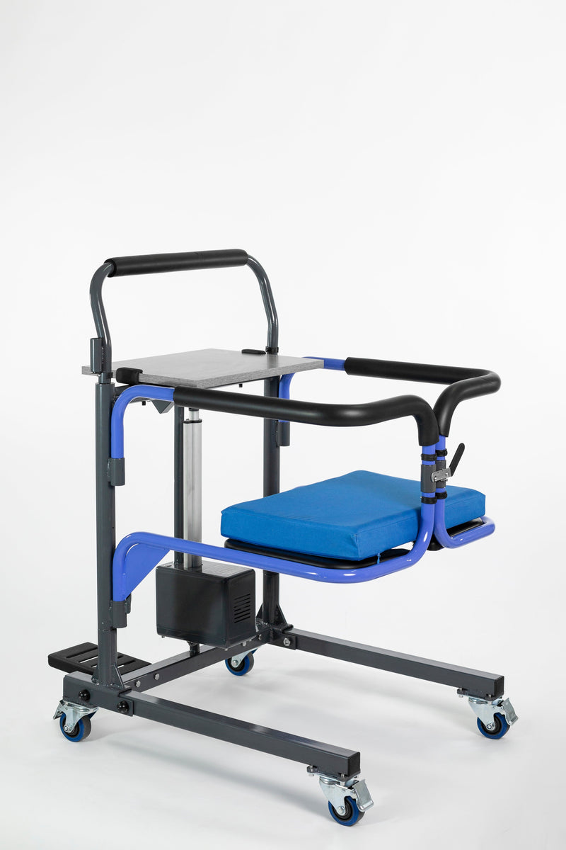 Medical assistance chair with blue seat and black frame on a white background