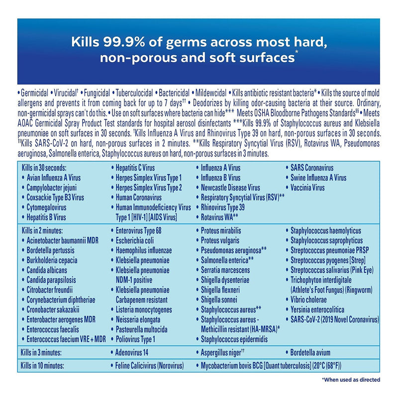 Product label with germ-killing efficacy claims on a blue background