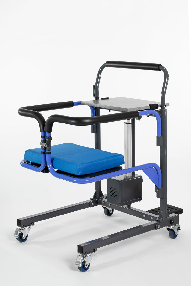 Medical lift chair with blue cushion on a white background