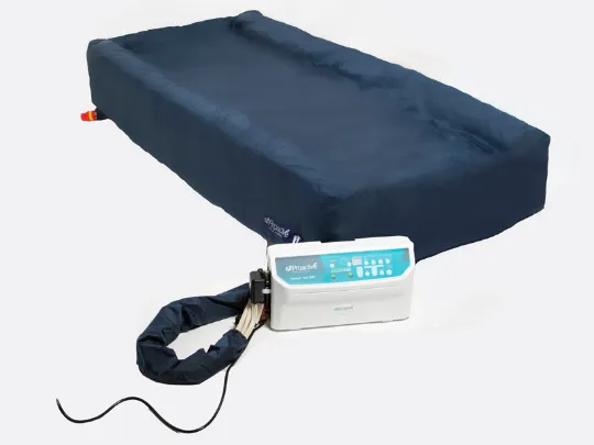 Navy inflatable mattress with control panel on a white background