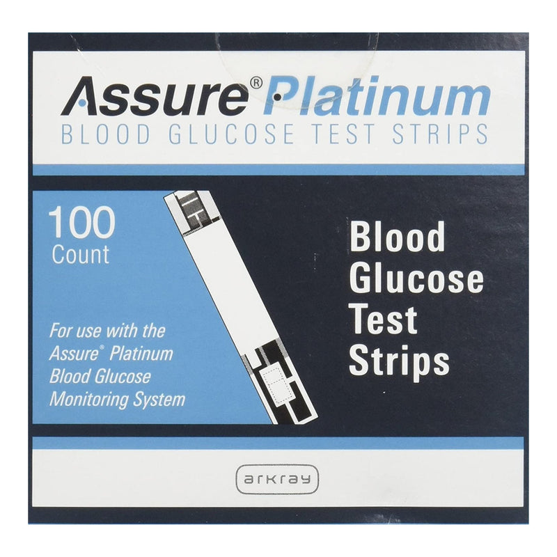 Assure Platinum blood glucose test strips packaging with a pen-like device illustration.