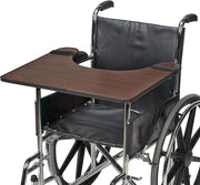 Wheelchair with attached wooden tray on a white background