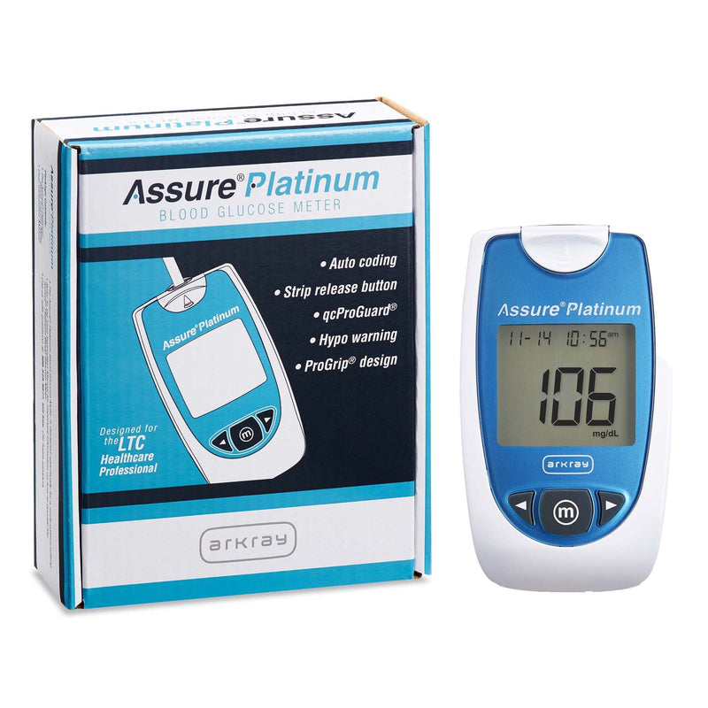 Assure Platinum blood glucose meter with packaging on a white background