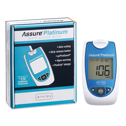 Assure Platinum blood glucose meter with packaging on a white background