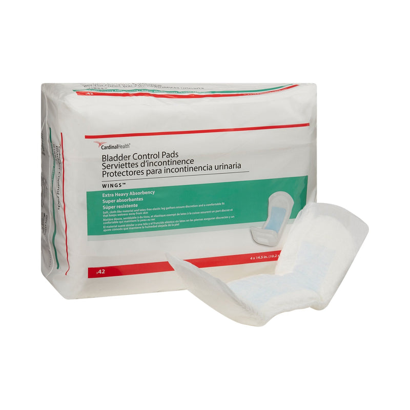 Package of Cardinal Health bladder control pads with a single pad displayed in front.