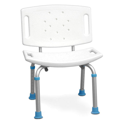 White shower chair with blue foot pads on a white background