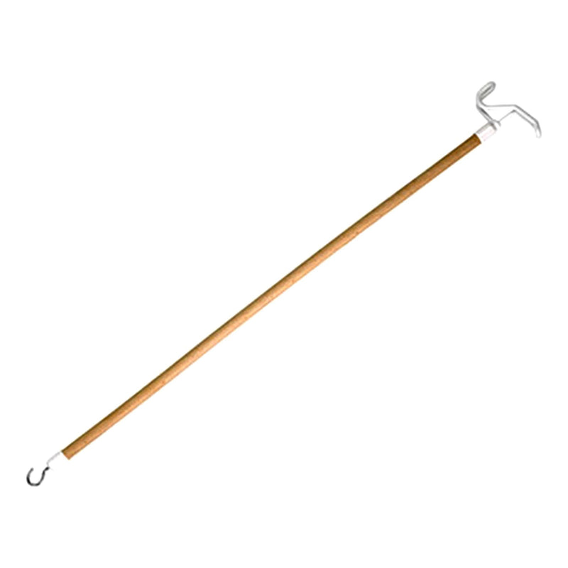Long wooden stick with metal hooks on a white background