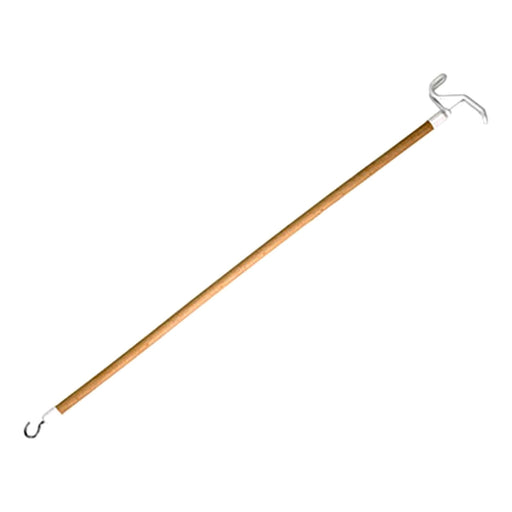 Long wooden stick with metal hooks on a white background
