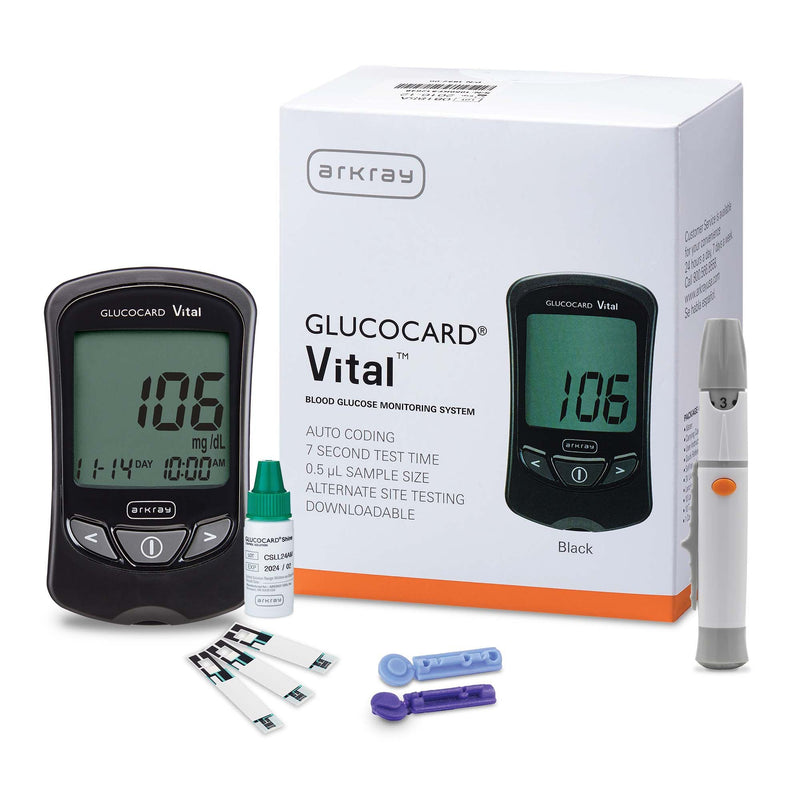 Arkray Glucocard Vital blood glucose monitoring system with packaging on a white background