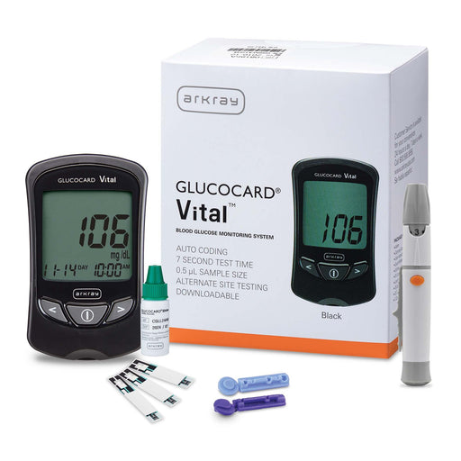 Arkray Glucocard Vital blood glucose monitoring system with packaging on a white background