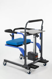 Medical lift chair with blue cushion on a white background