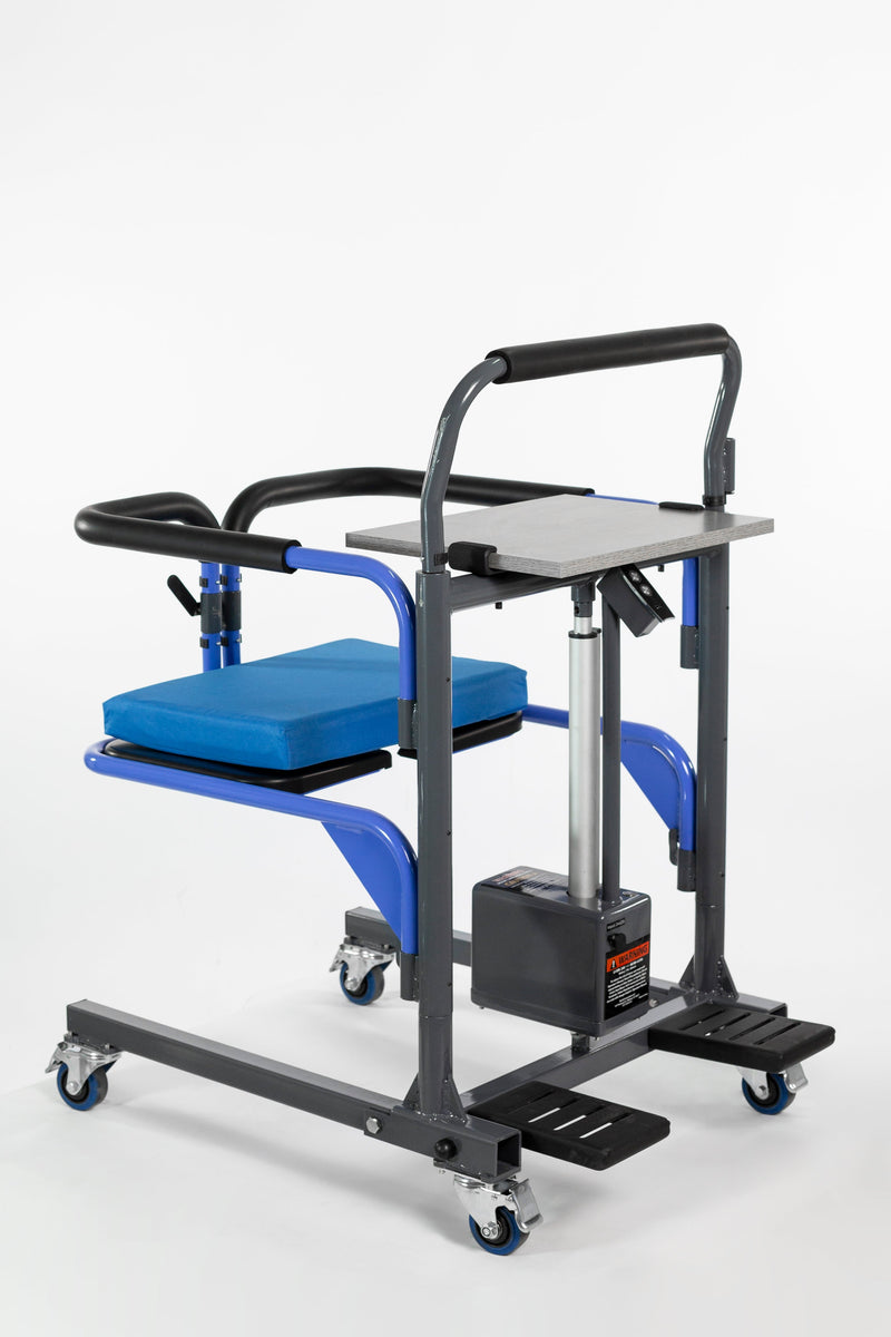 Medical lift chair with blue cushion on a white background