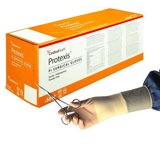 Box of Protexis surgical gloves with a hand wearing a glove holding scissors.