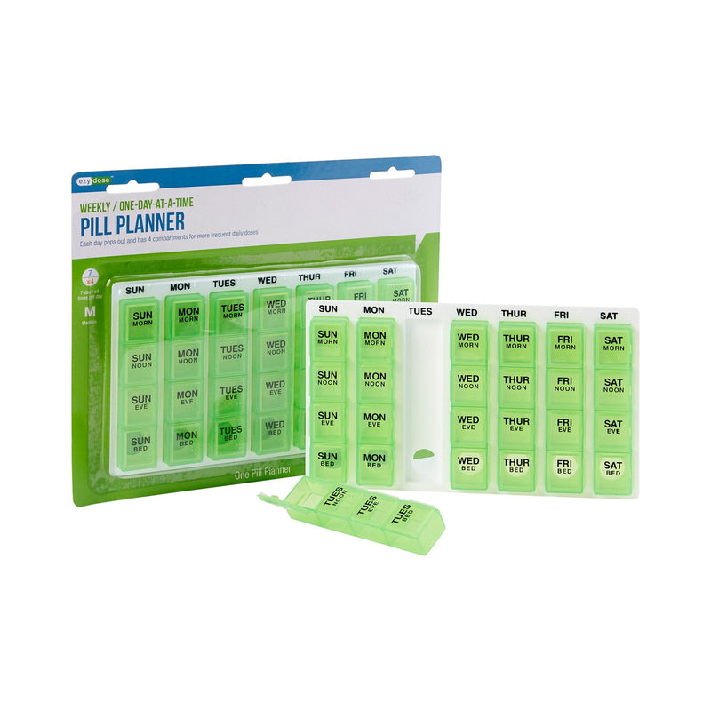 Green pill planner with packaging on a white background