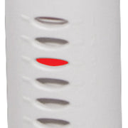 Close-up of a white electronic device with a red light indicator on a white background