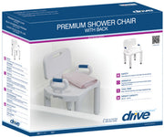 Box of a premium shower chair with back, featuring the brand 'drive'.