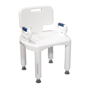 White shower chair with blue armrests and footrest on a white background