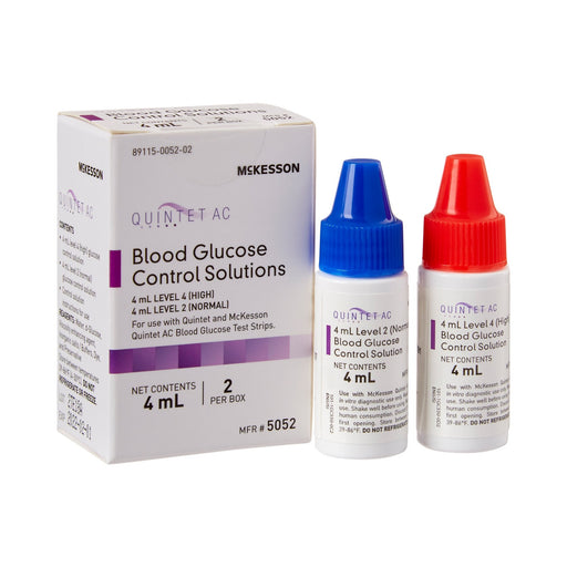 Quintet AC blood glucose control solutions with packaging on a white background