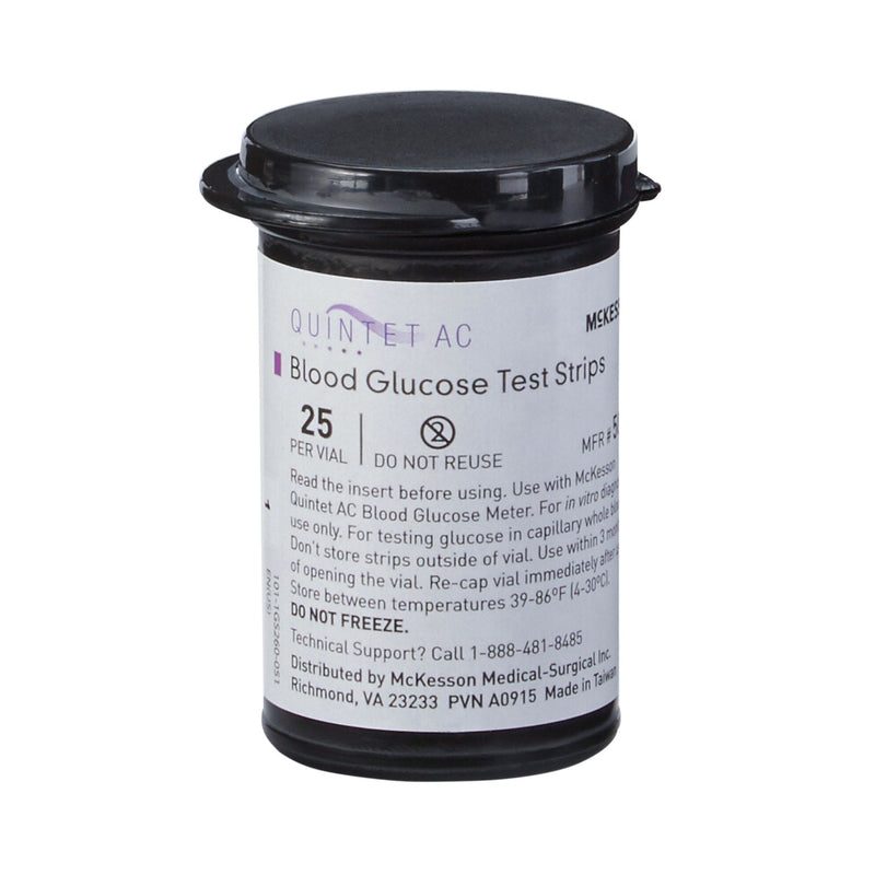 Quintet AC blood glucose test strips container with black lid on a white background